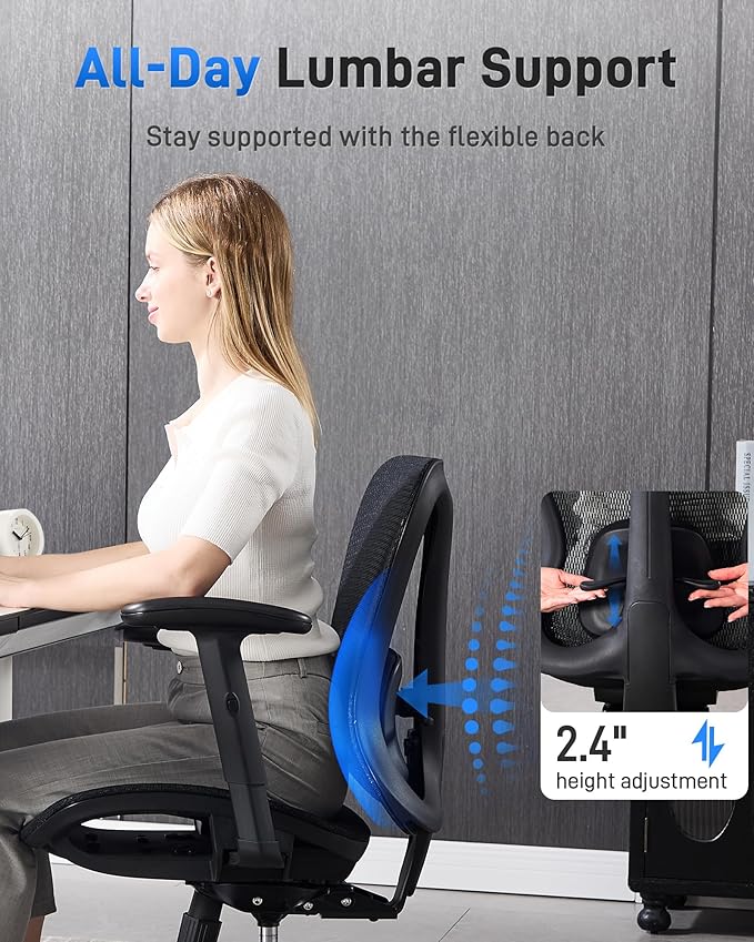 Ergonomic Office Desk Chair, Comfortable Computer Gaming Chair, Breathable Mesh Back & Seat, Adjustable Armrest, Lumbar Support, Butterfly Design for Home Office (Black)