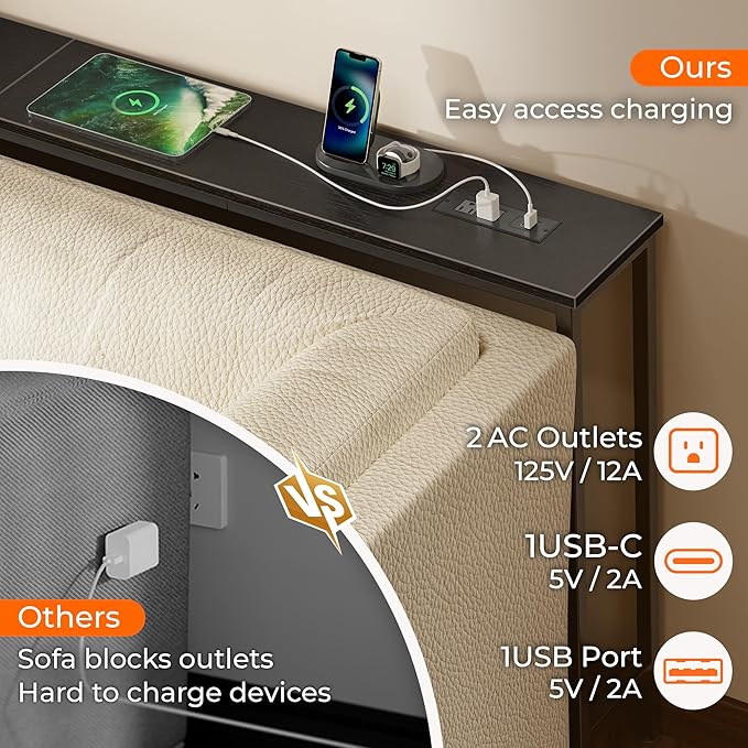 SUPERJARE 102.4 Inch Sofa Table with Power Outlets and USB-C Port, 5.9 Inch Narrow Console Tables, Entryway Hallway Couch Tables with Storage, Behind Sofa, Small Spaces, Living Room, Black