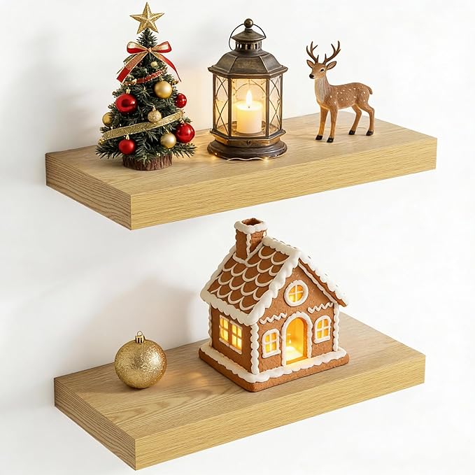 20 Inch Floating Shelves for Wall, 8 Inch Deep Floating Shelf for Storage & Display, Rustic Wall Mounted Shelf with Invisible Brackets for Living Room, Kitchen, Bathroom, Home Decor, Set of 2, Oak