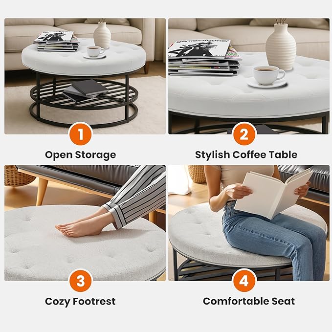 Ottoman Coffee Table with Upholstered Tufted Linen Fabric, Round Center Table with Storage Large Footrest Ottoman for Living Room Cream White