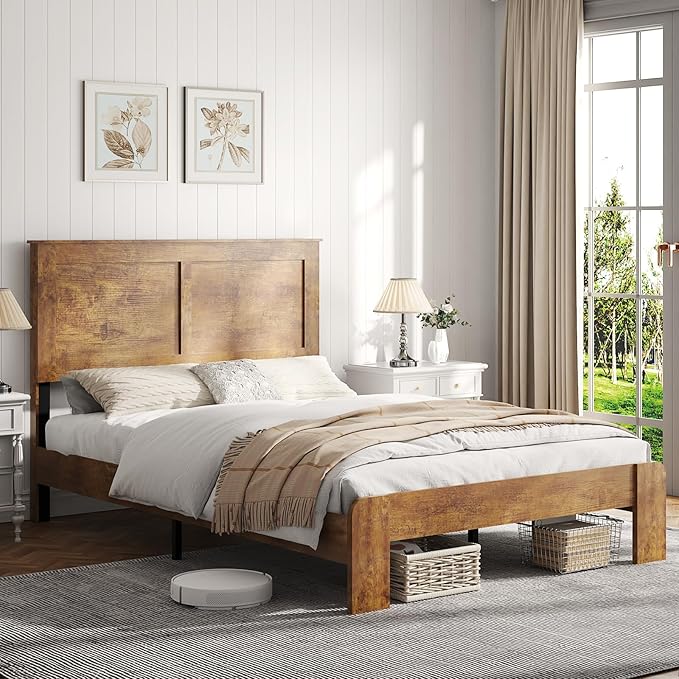 Wooden Bed Frame Full Size with Headboard, Farmhouse Platform Bedframe with Wood Slat Support, Sturdy Framework Bed Frame, Easy Assembly (Rustic Brown)