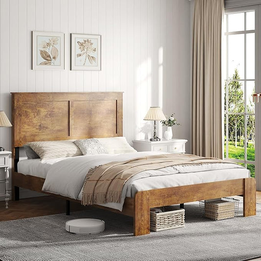 Wooden Bed Frame Full Size with Headboard, Farmhouse Platform Bedframe with Wood Slat Support, Sturdy Framework Bed Frame, Easy Assembly (Rustic Brown)
