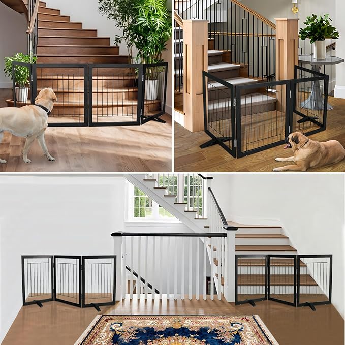 ZJSF Freestanding Dog Gate Indoor, Foldable Dog Fence for Doorways,Hallways or Stairs, Sturdy Wood Extra Wide Pet Gate with Support Feet,Black,32 "Height-3 Panels