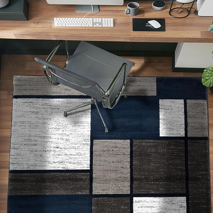 Rugshop Modern Geometric Boxes Navy Area Rug, Fade-Resistant Carpet for Bedroom, Office, or Entryway, 3'3" x 5'