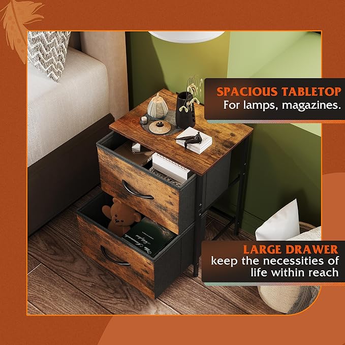 WLIVE Night Stand Set of 2, Small Dresser with 2 Drawers & Wooden Top, Nightstand with Fabric Bins, Bedside Table End Table for Bedroom, Closet, Entryway, College Dorm, Rustic Brown