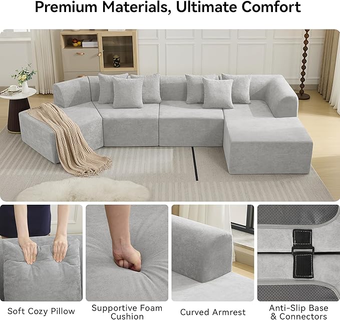 140''Oversized Cloud Velvet Curved Sectional Couch, Boneless Couch with L-Shape Chaise, Upholstered Compression Memory Foam Modular Sectional Sofa for Living Room, No Assembly Required, Grey