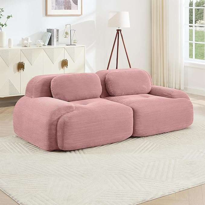 80" Modern Compressed Boneless Love Seat Couches, 2 Seater Large Sectional Couches for Living Room, Pink Corduroy Cloud Modular Sectional Sofa, Memory Foam, Extra Deep Loveseat, No Assembly