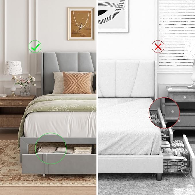 Queen Bed Frame with Storage Drawers, Upholstered Queen Size Platform Bed with 47" Tall Headboard and Wingboard, No Box Spring Needed, Noise Free, Easy Assembly, Wooden Support Slats, Light Grey
