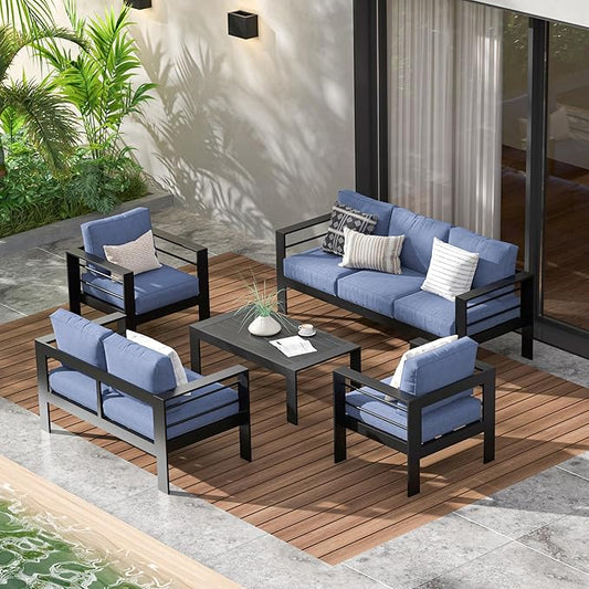 Wisteria Lane Aluminum Outdoor Patio Furniture Set, 7 Seats Modern Patio Conversation Sets, Outdoor Sectional Metal Sofa with 5 Inch Cushion and Coffee Table for Garden, Black Frame and Blue Cushion