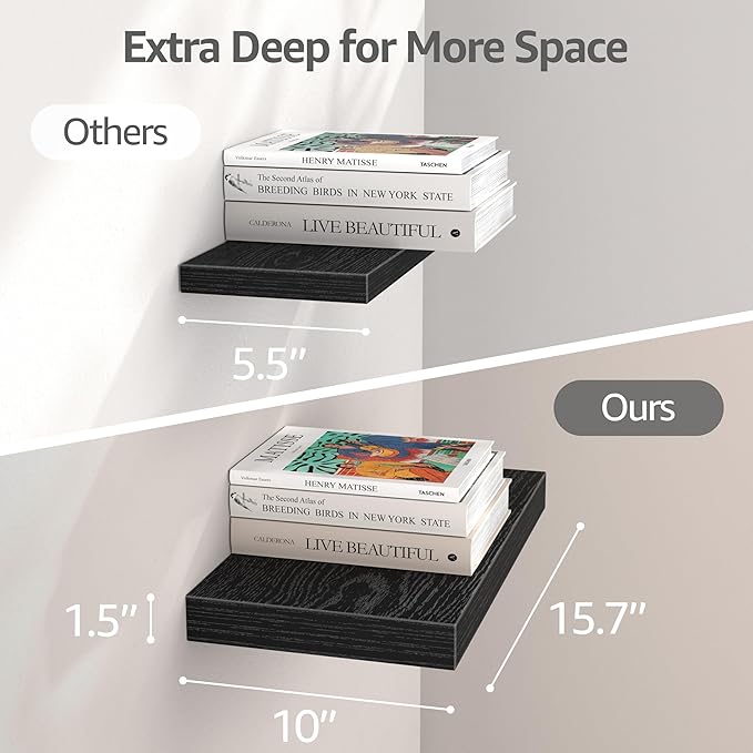 QEEIG 10" Deep Floating Shelves for Wall - 10 x 16 inch Book Shelf Bathroom Bedroom Kitchen Living Room Hanging Bookshelf Farmhouse Set of 3, Black (025-40B3)