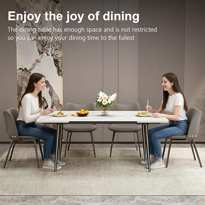 Expandable Rectangular Dining Table (62.9" to 94.4") – Modern White Sintered Stone Top, Adjustable Table for 6 to 10 People for Dining Room Family Gathering