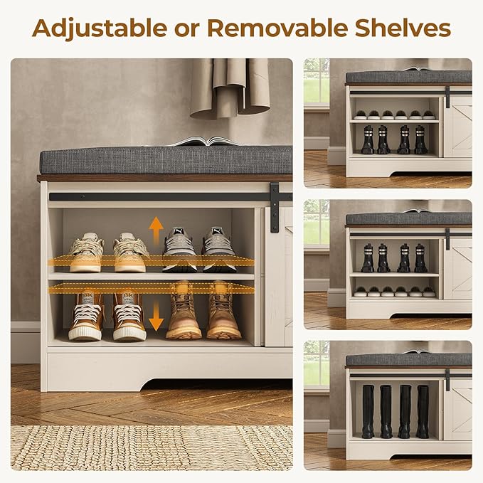 Farmhouse Storage Bench with Cushion, Shoe Rack with Slide Barn Doors, Adjustable Shelf and 2 Drawer for Entry, Bedroom, Closet, Living Room, Hallway (White Brown, 59.8 in)