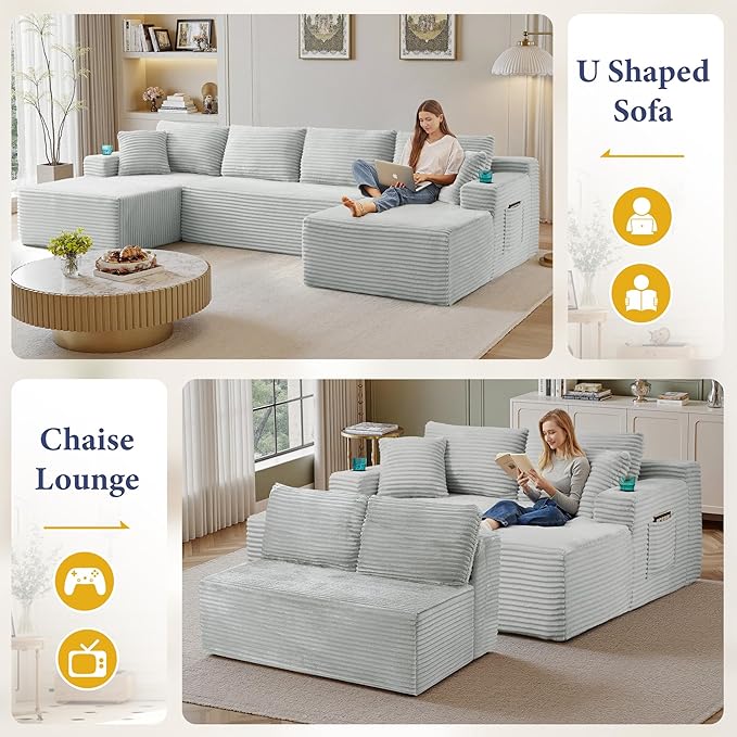 133" Couches for Living Room Deep-Seat Sectional Couch for Living Room Corduroy Boneless Couchs U-Shape Cloud Couch Flexible Modular Sectional Sofa with Chaise Lounge (Light Gray, with Cup Holder)