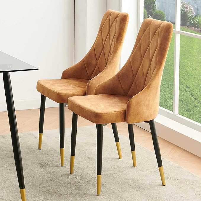 NORDICANA Upholstered Velvet Dining Chair Set of 2, Mustard Armless Side Chair with Metal Legs for Home Kitchen
