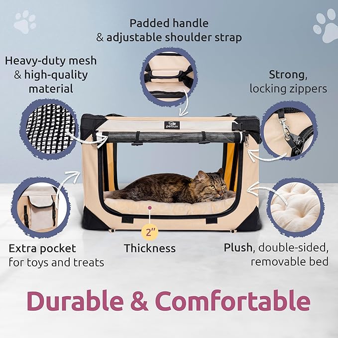 Large Cat Carrier & Dog Carrier for 2 Cats or Medium Dog. Soft Sided Pet Carrier for Travel. Collapsible, Portable with Soft Bed, Top & Side Loading, Locking Zippers, Puppy Crate & Kennel