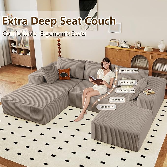 96" U-Shape Cloud Couch, Modern Modular Sectional L-Shape Sofa with Ottoman, Corduroy Upholstered Couches Deep Seat Chaise Longue for Living Room, No Assembly Required(Camel, Left Facing)
