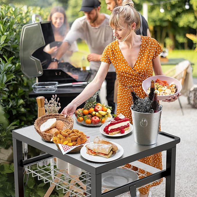 NUUK Grill Cart 30"x24" Pizza Oven Table for Outdoor 3-Shelf with Stainless Steel Top and Sliding Drawer BBQ Grilling Carts Outside Serving Prep Tables Indoor Stand