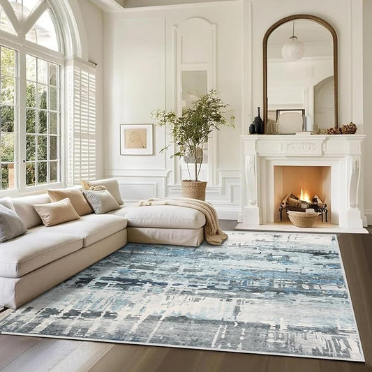 8x10 Soft Washable Area Rugs for Living Room and Bedroom, Non-Slip Stain Resistant Indoor Carpet, Cozy Floor Mat for Dining Room, Office, Under TableStain Resistant Blue