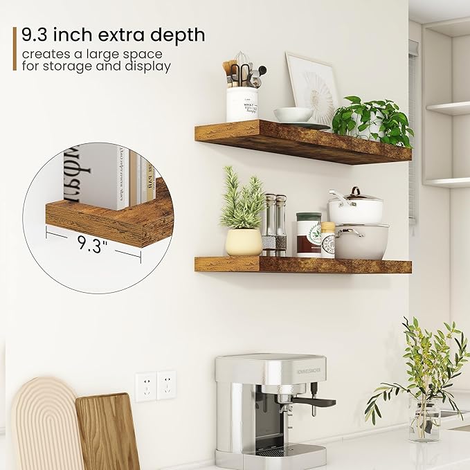Fun Memories 36Inch Floating Shelves, 9.3Inch Deep Rustic Wall Shelves - Extra Deeper & Thicker Wall Mounted Storage Shelf for Kitchen, Farmhouse - Set of 2 - Rustic Brown