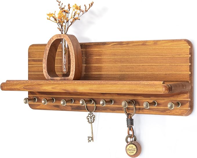 Rebee Vision Farmhouse Key Holder Wall Mount for Room Decor – Modern Key Hanger with 8 Durable Hooks & Floating Shelf Suitable for Perfume Storage– Mail Organizer for New House Essentials(Yellow)