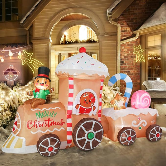 VCUTEKA Christmas Inflatables Gingerbread Outdoor Decorations - 8FT Inflatable Gingerbread Man in Gingerbread House Train Christmas Blow Up Yard Lighted for Holiday Garden Lawn Xmas Decor