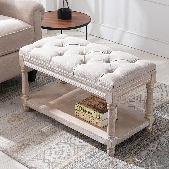 DUOMAY Farmhouse Tufted Storage Ottoman Bench with Shelf, 31.5" Width Linen Upholstered Entryway Shoe Ottoman Foot Stool for Bedroom Living Room Dining Room, Beige