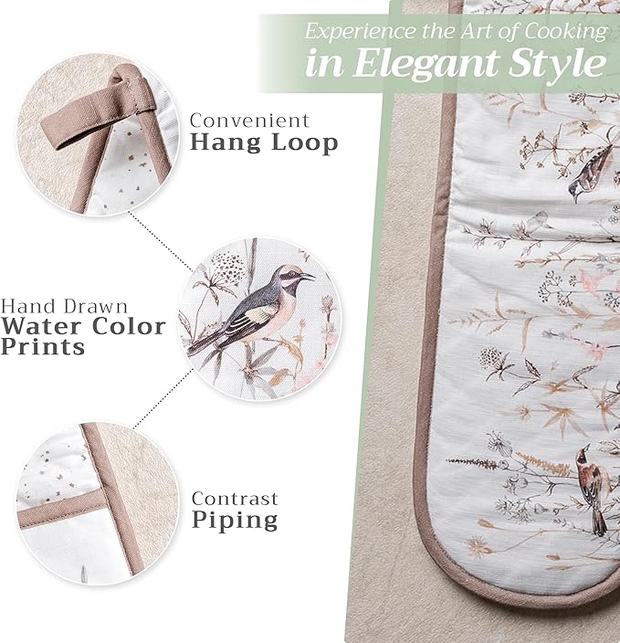 Maison d' Hermine Double Oven Mitts 100% Cotton 7"x35" Double Oven Mitt Heat Resistant BBQ Cooking Gloves with Loop, Baking, Grilling, Kitchen, Handling Hot Pans Spring Summer (Meadow Florals - Brown)