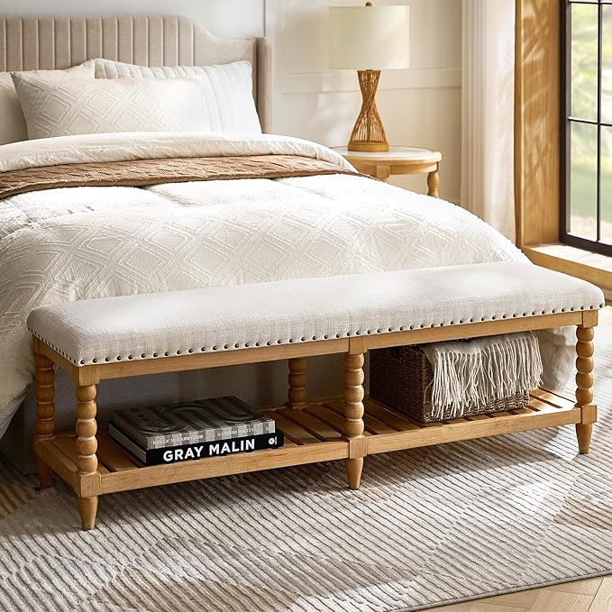 HULALA HOME Farmhouse Entryway Bench, 58" Fabric Bed Bench with Shelf, Solid Spindle Legs, Nailhead Trim Detail for Bedroom, Living Room, Hallway, Ivory