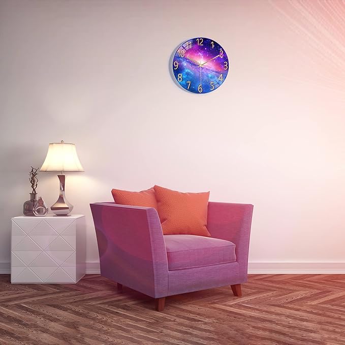 Lafocuse 12 Inch Silent Purple Wall Clocks Battery Operated for Bedroom, Cool Space Galaxy Analog Clock for Living Room Decor, Glass
