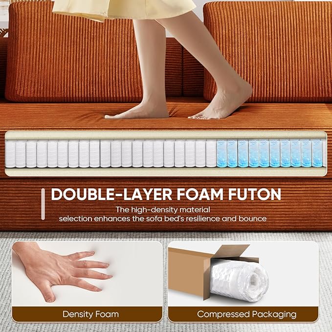 Antetek Convertible Sofa Bed, Comfy Corduroy Fluffy Love seat Sleeper Sofa, 5 in 1 Folding Couch Bed, Fold Out Floor Couch with Pillows for Bedroom, Living Room, Office, Pinstripe, Orange