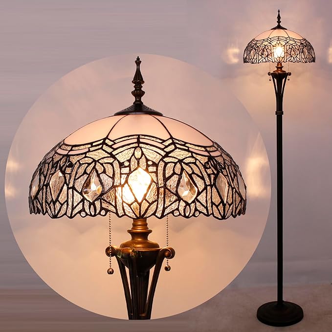 Tiffany Floor Lamp White Stained Glass Crystal Standing Reading Light 16X16X70 Inches Antique Pole Corner Lamp Decor Bedroom Office Living Room