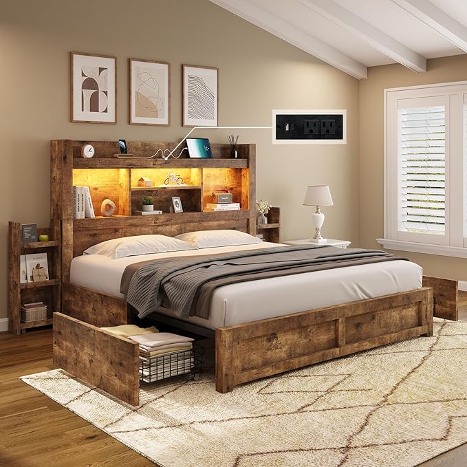 AMERLIFE Full Bed Frame with 4 Storage Drawer, LED Bed Frame with 49.6" Tall Bookcase Headboard, Wood Platform Bed with Charging Station & 2 Slide Bedside Shelf, No Box Spring Needed/Rustic Brown