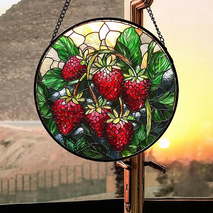 Stained Glass Suncatcher, Red Strawberry Green Leaf Sun Catcher Silver Background Stain Glass Window Hanging Decoration Mother's Day Birthday Gifts for Women Men Mom Nana 9.8 in