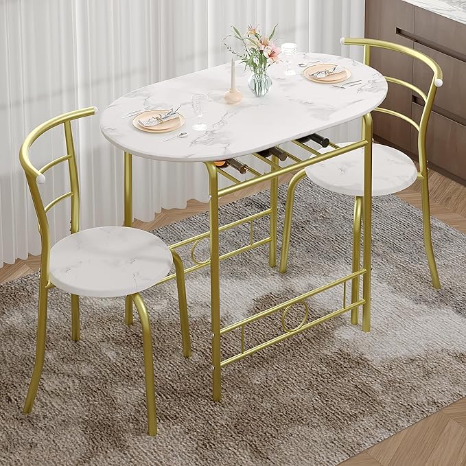 VECELO 3-Piece Dining Table Set for Kitchen Breakfast Nook, Wood Grain Oval Tabletop and Metal Frame with Built-in Wine Rack, for Small Spaces, White & Gold