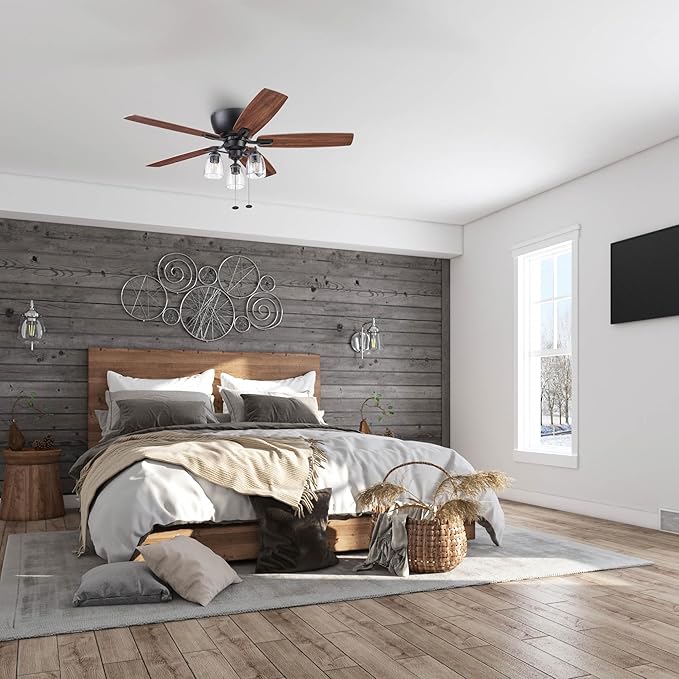 Prominence Home Arthur, 52 inch Industrial Farmhouse Flush Mount LED Ceiling Fan with Light, Pull Chain, Three Mounting Options, Dual Finish Blades, Reversible Motor - 51486-01 (Espresso)