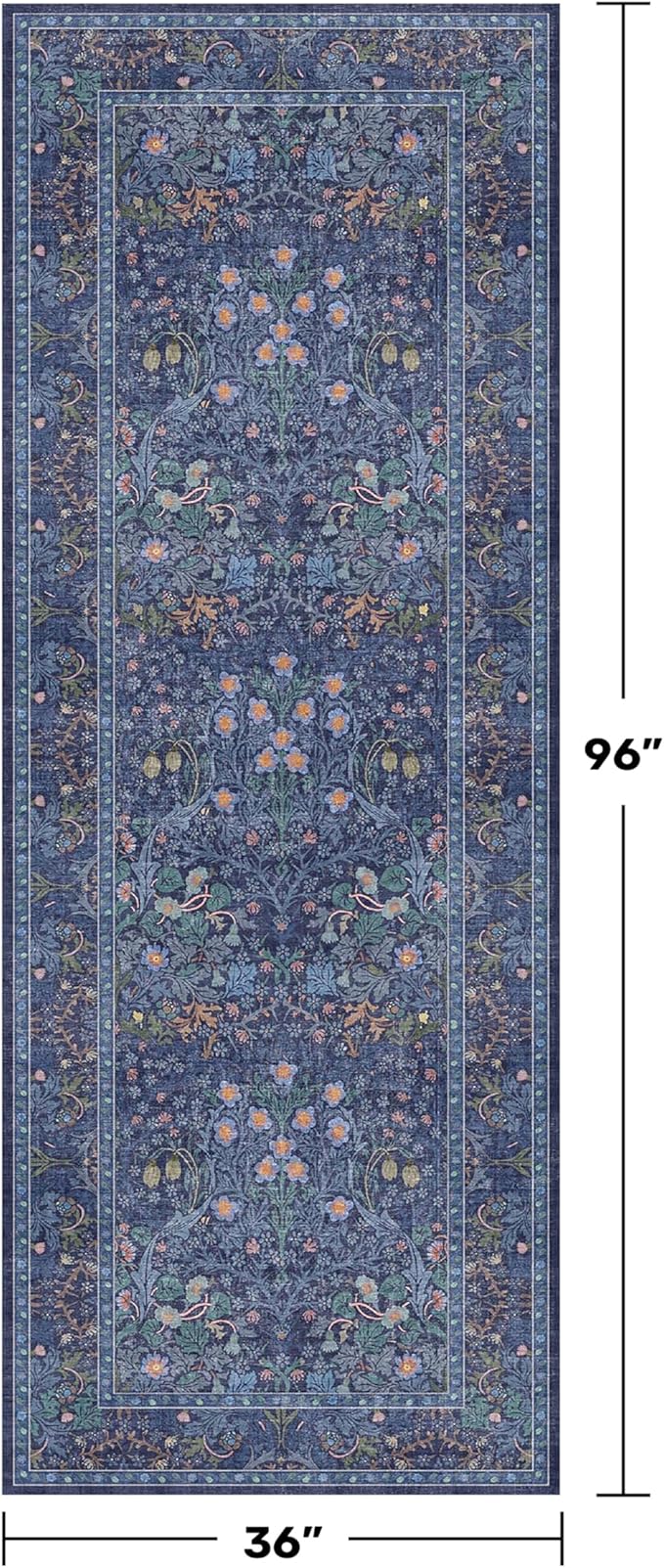 Dark Blue 3x8 Wide Hallway Runner Rugs Indoor Non Slip, 8ft Oriental Washable Rug for Kitchen, Entrance Indoor, Vintage Floral Design Low Pile & Soft Stain Resistant Carpet