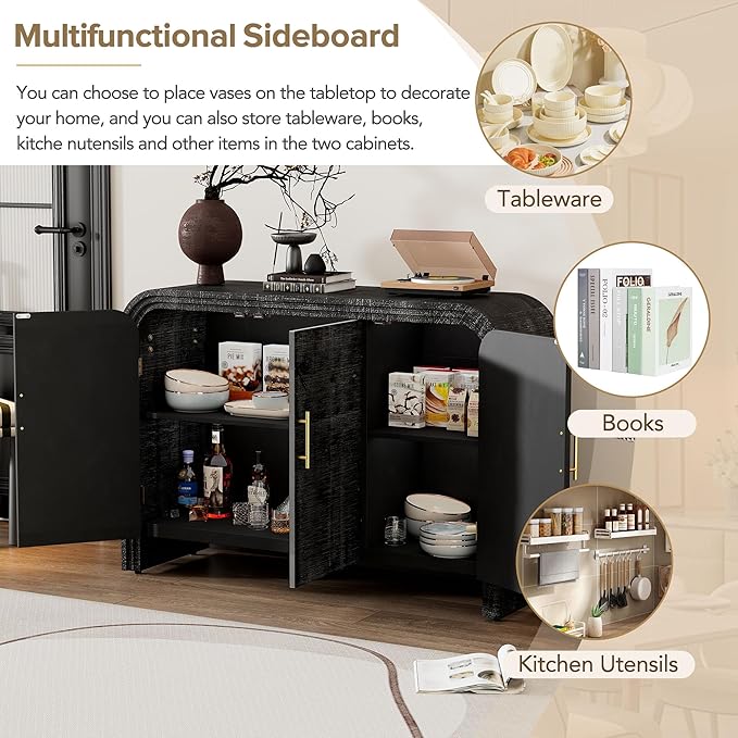 GDFStudio 47.2" Retro Curved Sideboard Storage Cabinet with Adjustable Shelves & Gold Handles, MDF Buffet Table Coffee Bars Cupboard for Living Room Dining Room Kitchen Entryway, Antique Black-2