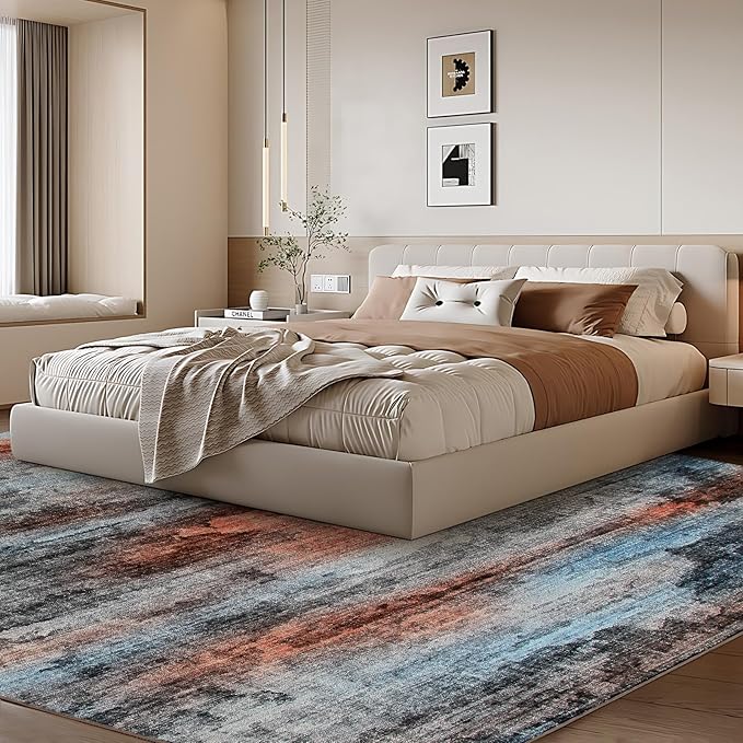 WILLSUN Washable Area Rugs, 9x12 Non-Slip Boho Large Area Rugs for Living Room, Bedroom, Machine Washable Vintage Rug, Indoor Floral Print Carpet for Home Decor, Kid & Pet Friendly Mat