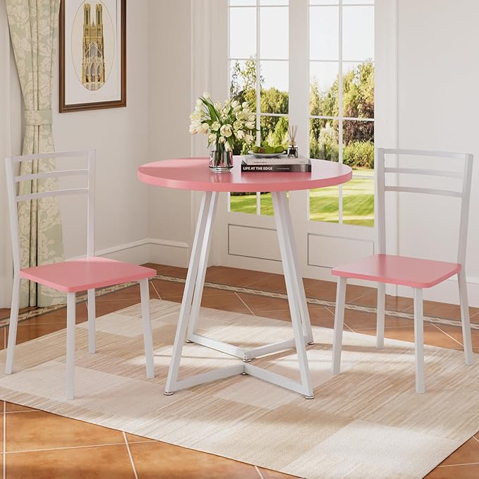 VECELO Small Round Dining Table Set for 2, Wood Tabletop with Strong Metal Frame, Modern Dinette with Chairs for Kitchen, Breakfast Nook Living Room, Pink & White