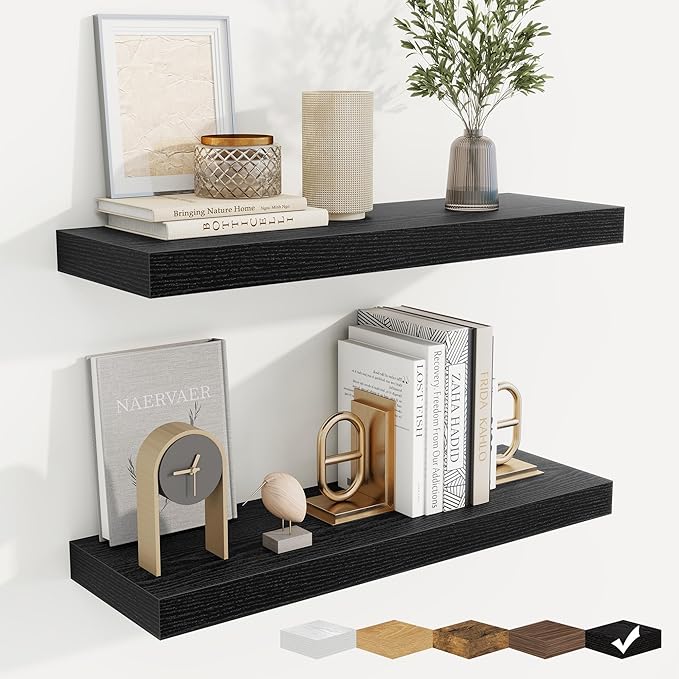 fuqing Floating Shelves for Wall, Wall Mounted Wood Floating Shelf with Invisible Brackets for Living Room, Bathroom, Bedroom, Kitchen Storage and Decor, 24 Inch Set of 2, Black