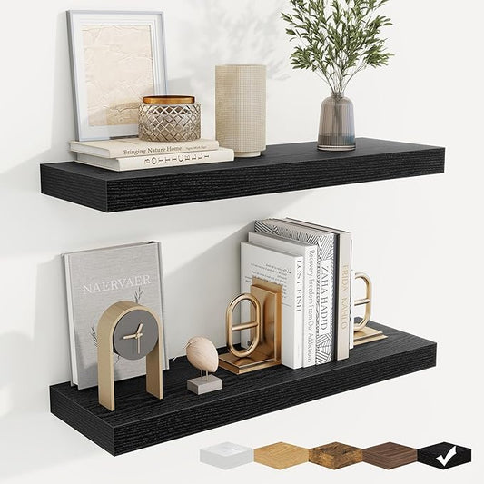 fuqing Floating Shelves for Wall, Wall Mounted Wood Floating Shelf with Invisible Brackets for Living Room, Bathroom, Bedroom, Kitchen Storage and Decor, 24 Inch Set of 2, Black