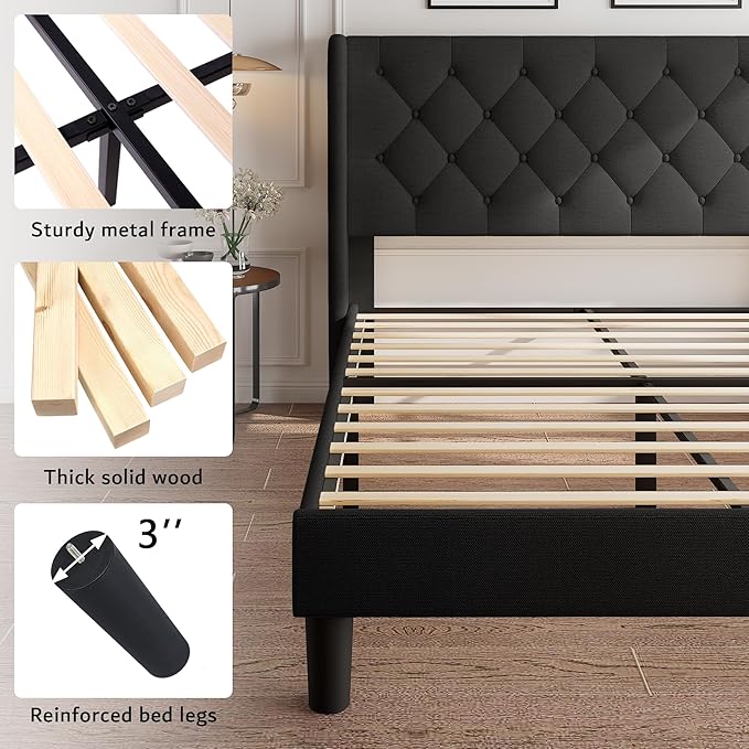iPormis Queen Size Platform Bed Frame with Button Tufted Headboard, Upholstered Bed Frame with Solid Wooden Slats, 8" Underbed Space, No Box Spring Needed, Noise Free, Easy Assembly, Black