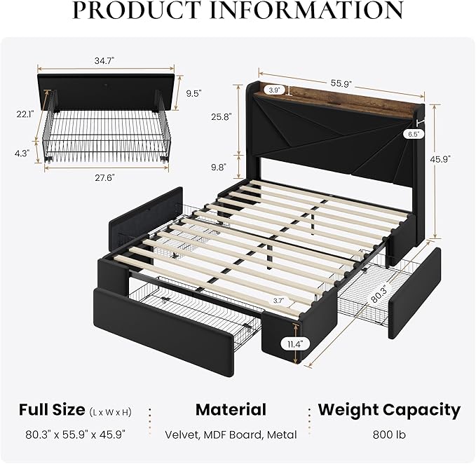 SHA CERLIN Full Size Bed Frame with 3 Drawers, USB & Type-C Charging Ports, Velvet Upholstered Platform Bed with Modern Geometric Wingback Storage Headboard, No Box Spring Needed, Easy Assembly, Black