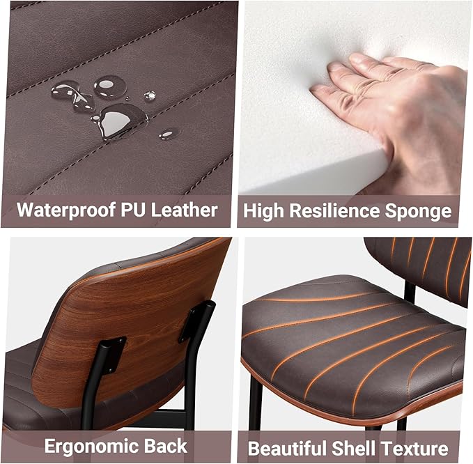 Dining Chairs Set of 8, Mid-Century Modern Upholstered PU Leather Chairs with Walnut Bentwood Back and Metal Legs Adjustable Feet for Kitchen Dining Room, Dark Brown Shell Strips