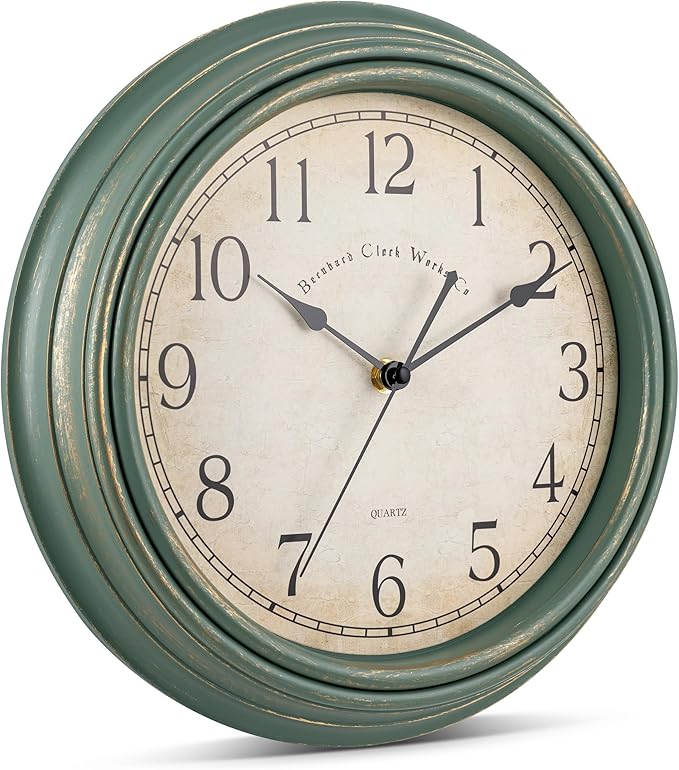 Bernhard Products Vintage Wall Clock Silent Non Ticking - 12 Inch Quality Quartz Battery Operated Decorative Rustic Green Clock for Home Kitchen Living/Dining Room Office Decor, Easy to Read