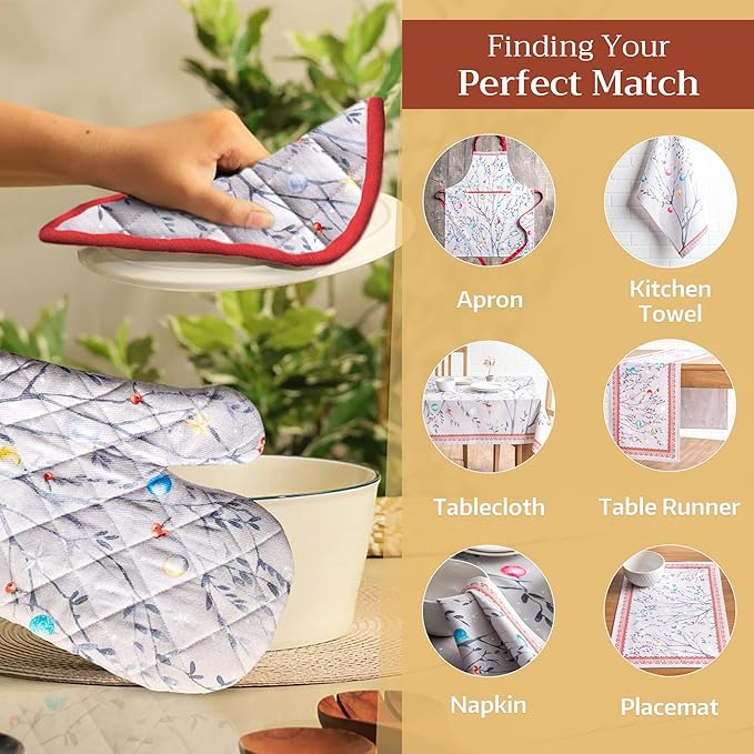 Maison d' Hermine 100% Cotton Oven Mitt & Pot Holder Set (7.5"x13" & 8"x8") Heat Resistant BBQ Cooking Gloves with Loop for Thanksgiving Christmas Decorations Handling Hot Pans (Fairy Christmas)