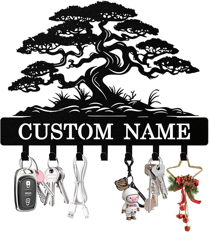 Personalized Key Holder Wall Mount, Custom Tree of Life Metal Keys Holder for Wall with Name, Wall Key Hanger Rack with Hooks for Entryway, Front Door, Living Room, Kitchen, Bathroom, Garden