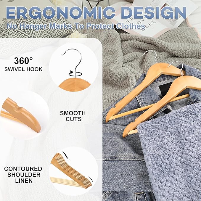 Wooden Hangers 80 Pack,Wood Hangers for Coats, Suits, Jackets, Closet & Pants Durable Premium Wood Hangers with 360-Degree Rotatable Hook and Notches, Natural