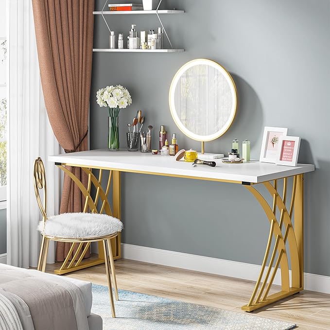 LITTLE TREE 55’’ Large Modern Computer Desk, White & Gold Luxury Laptop PC Student Table, Makeup Vanity Table with Thick Frame & Strong Legs, Sturdy Writing Workstation for Home & Office