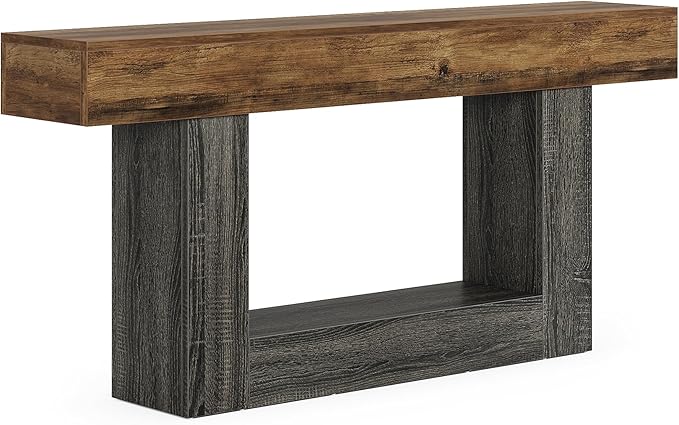 Tribesigns 63" Console Table, Farmhouse 2-Tier Entryway Table with U-Shaped Base, Narrow Long Wood Sofa Table Behind Couch Table for Living Room, Hallway, Foyer, Vintage Brown & Gray